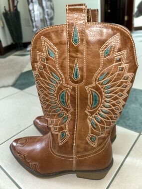 Coconuts Brown Western Boots with Teal Inlay 6